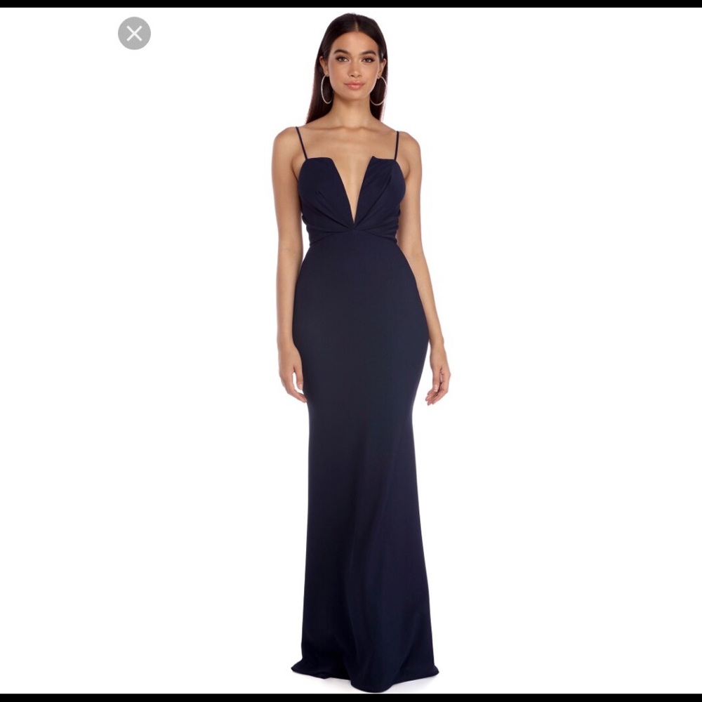 Navy plunging pleated Gown